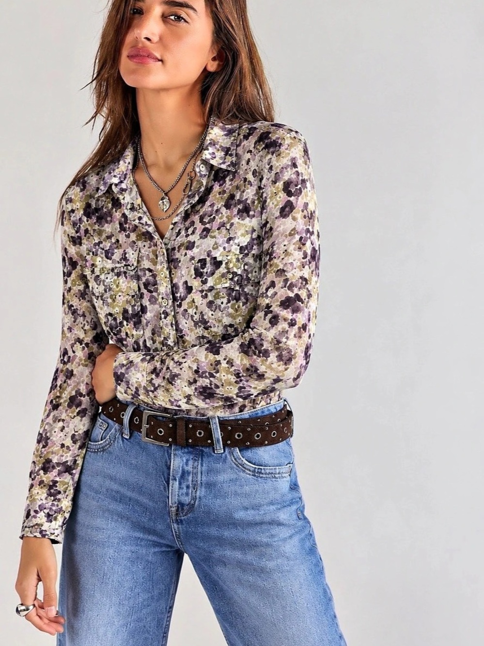 431. Eddie Bauer Floral Cotton Button Down Purple XL Like New